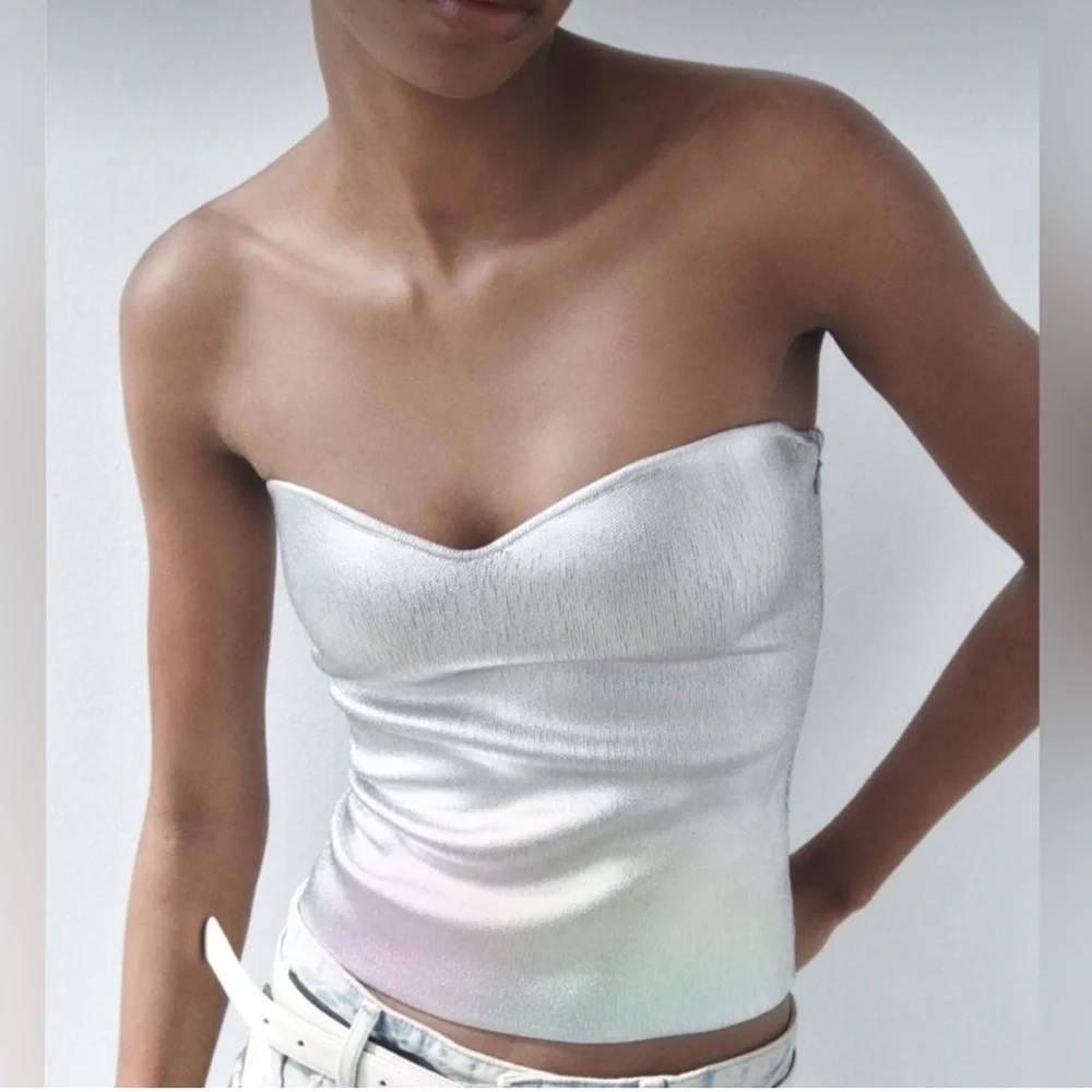 Zara NWT silver metallic stretchy sweetheart neck bandage strapless tube top - Picture 3 of 5